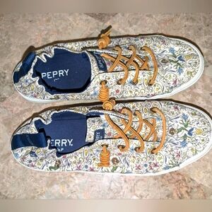 Sperry Sneakers Shoes sz 9.5 Floral White & Blue Leather Ties